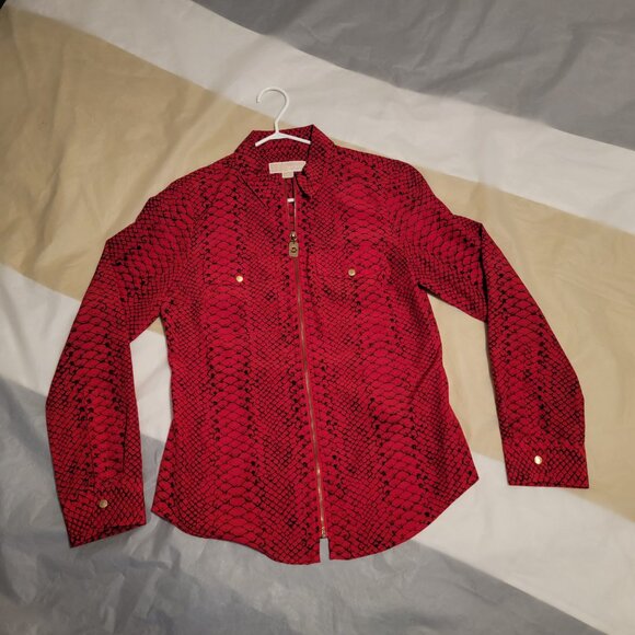 Michael Kors Women Red Long Sleeve Shirt Zip Animal Print Work Evening Small - Picture 12 of 16